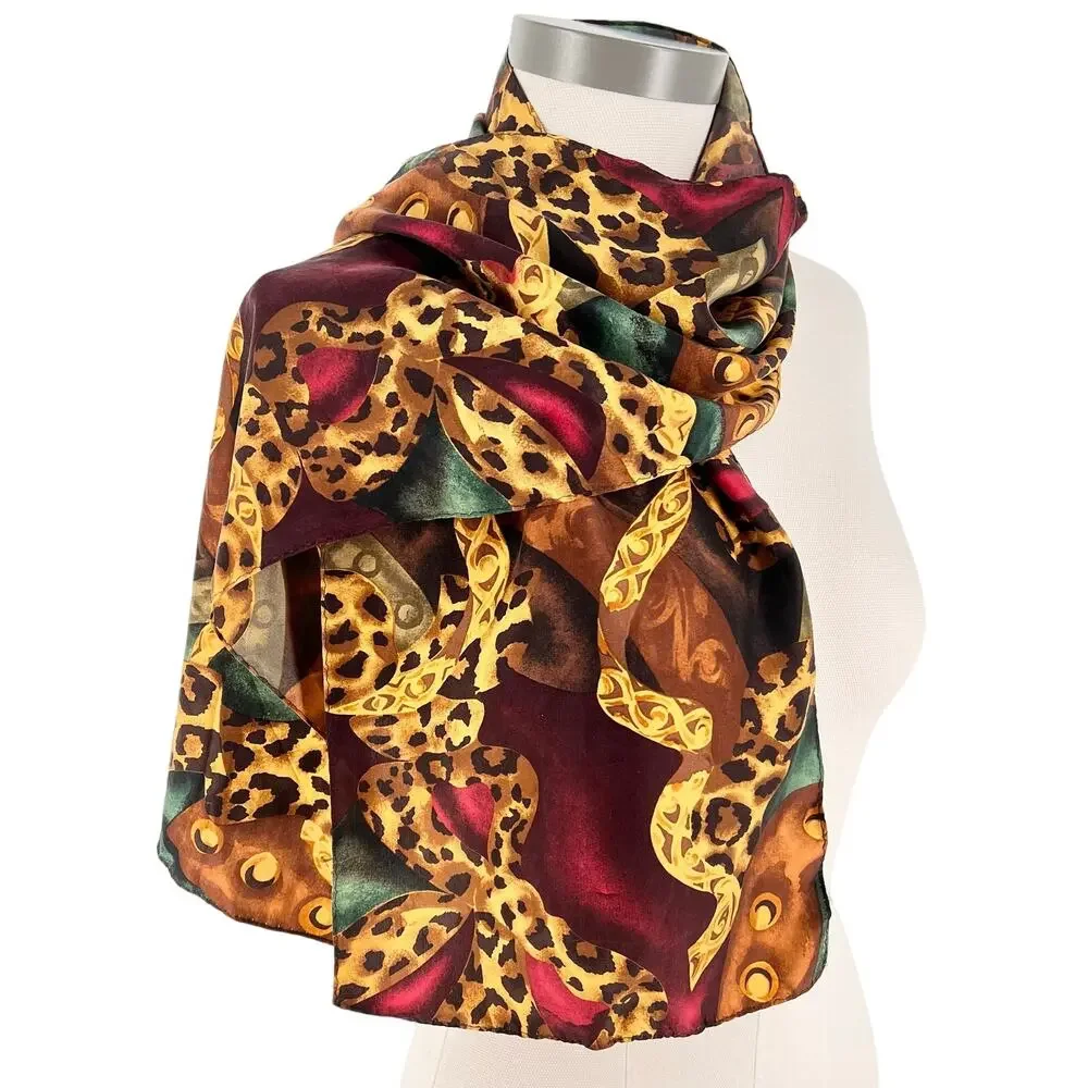 Vintage Silk Scarf Leopard Chain Print vintage 90s Maximalist